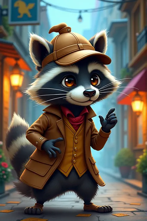 An andropromorphic racoon detective wearing a plaited vest and a Sherlock Holmes like hat in a cartoon style.