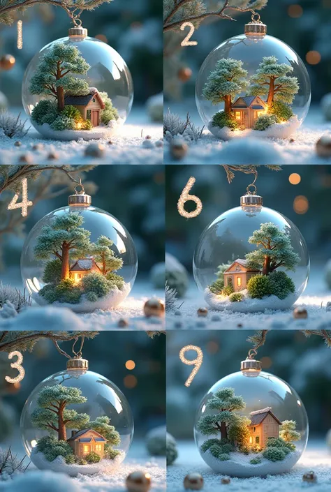  A collage of 6 images .  Hyperrealistic ,  3 d clarity of details ,  on each one - Christmas balls ,  transparent, with different shades .  Inside each ball is an amazing little world,  rainforest and birds ..Winter theme ,  can be decorated with tree bra...