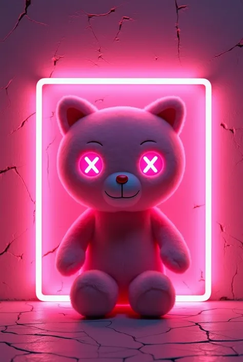  A stylized plush doll with a soft and fluffy texture ,  illuminated by a bright pink neon border that defines its outline .  The doll has a modern and artistic design ,  with X shaped eyes that emit a soft pink glow .  It is framed inside a square of pink...