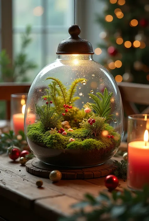 A thriving Christmas terrarium with lush greenery, vibrant holiday decorations, and soft mist on the glass, set on a festive table with candles and ornaments nearby.