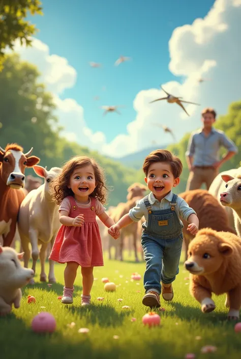 An image where there are ren playing with lots of cows a horse and a couple of a man and a young woman 

