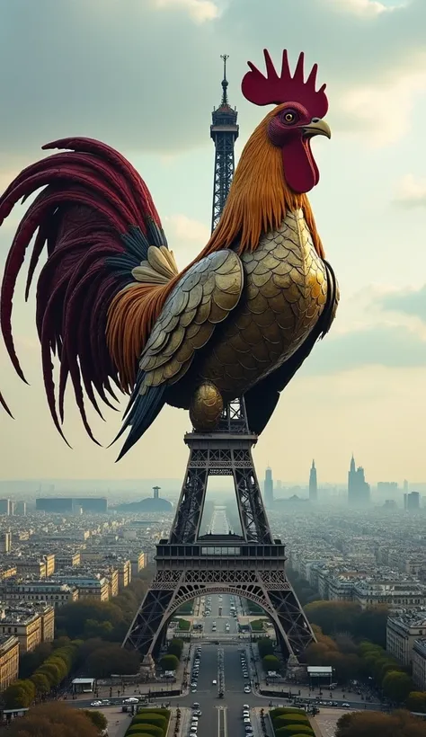 "A giant humanoid rooster titan, with a metallic, armor-like structure, stands atop the Eiffel Tower in Paris. The roosters detailed feathers gleam in shades of gold and red, while its giant wings create an epic appearance. The cityscape is surrounded by t...