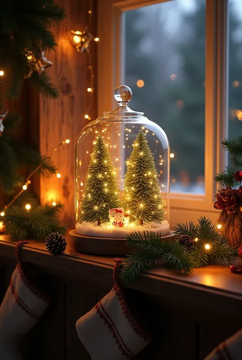 A glowing Christmas terrarium surrounded by warm fairy lights, festive decorations, and holiday greenery on a cozy mantlepiece with stockings in the background.