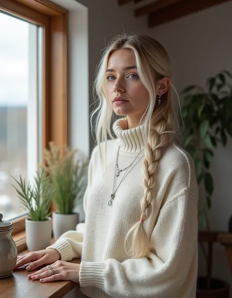 • Hairstyle: The young woman has long, straight blonde hair styled in a low, loose braid that falls softly over her shoulder. Her hair is a cool, platinum blonde shade with slightly darker blonde roots, creating a natural, understated look. The braid is su...