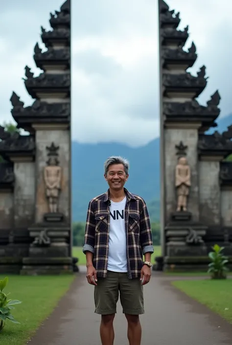 Hyper realistic, ultra hd ,FULL BODY of an Indonesian man with man sidepart grey hair
CLEAN FACE wearing flannel shirt, white T-shirt with "NN" print, casual shorts, sneakers, standing in front of a large, ornate stone gate, known as Candi Bentar, part of ...