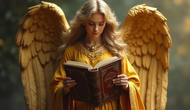 An angel with open golden wings ,  holding a shiny old book with the title Apocalypse engraved