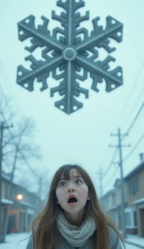 1 girl,A whimsical masterpiece: A pretty girls face contorts in panic as a giant machine in the shape of a giant, intricately designed snowflake descends from the sky against a soft white background. The patterns on the giant machine in the shape of a snow...