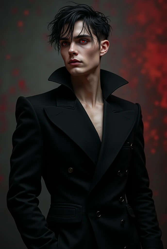 high quality photorealistic image of a man with noir hair and rouge eyes wearing a black suit, vampire androgyne, vampire mâle, vampire mâle evil devious male, handsome vampire mâle, ((rouge)) yeux bouffis, rouge eyes wearing goth makeup, noir ((noir)) ave...