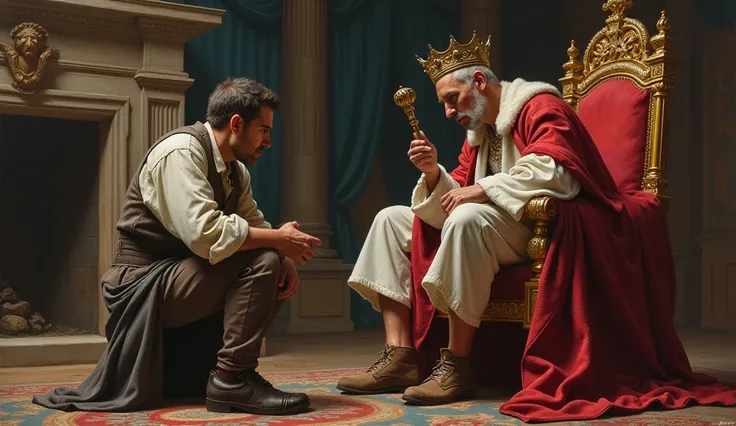 The king seated on a throne, questioning the cobbler about his happiness.