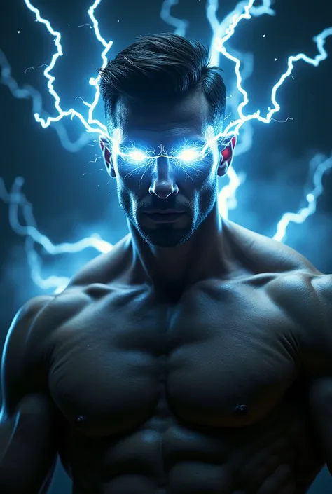 Person receiving electricity, rays coming out of the eyes, with clothes, a masculine man