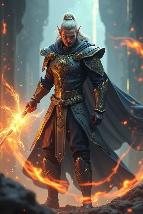 
((Best Quality)), ((Masterpiece)), ((Detailed)), ((High Definition)), a male elf wizard in a battle suit. With magical aura and energy runes, Around him. Dynamic movements, fighting pose, with lots of fireballs. Intricately detailed characters, semi-reali...