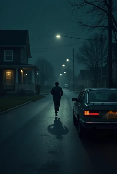 man running down a wide street , night,  passing in front of a house ,  a parked car with a couple kissing inside the car