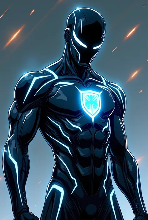 A dynamic manga-style illustration of a futuristic superhero wearing a sleek, black, skin-tight suit with glowing blue accents. The suit features sharp, angular patterns reminiscent of alien technology, glowing faintly along the chest, arms, and legs. At t...