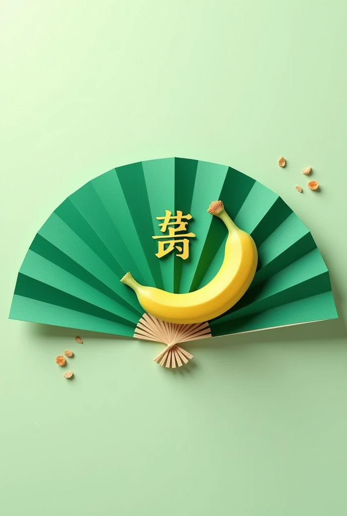 green paper fan with banana bud  and yellow word "tài" in the middle