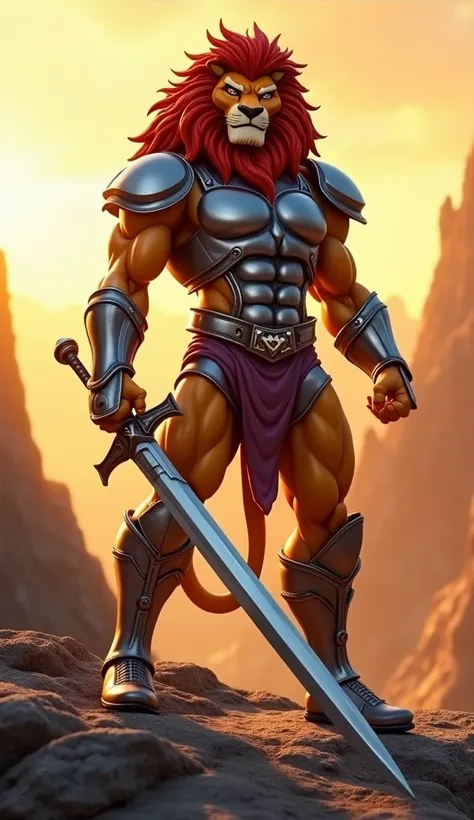 A hyper-realistic hybrid of Renato Cariani and Lion-O from Thundercats. The figure combines Carianis muscular physique and human features with Lion-Os lion-like face, realistic fur, and striking red mane. Wearing sleek metallic armor and holding the Sword ...