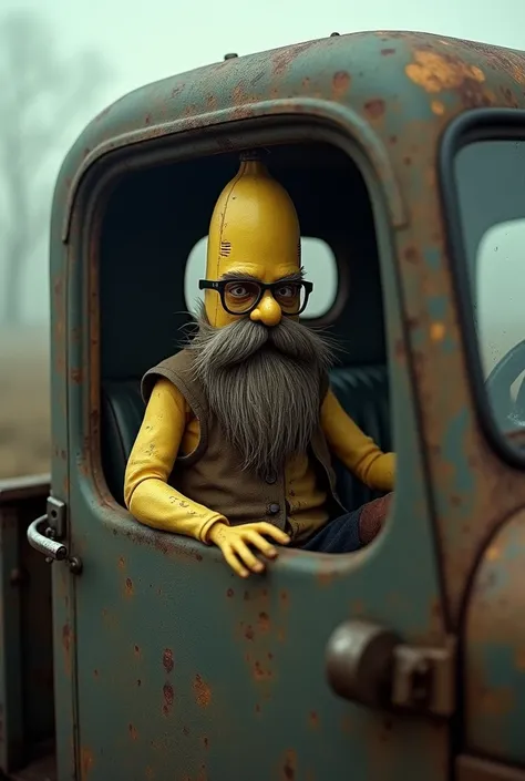  A highly realistic anthropomorphic banana character with a rough and old appearance, wearing old-fashioned clothes that remind us of the Wild West.  The character has banana-like skin, wrinkles and a thick beard made of fruit fibers. . She sits inside an ...