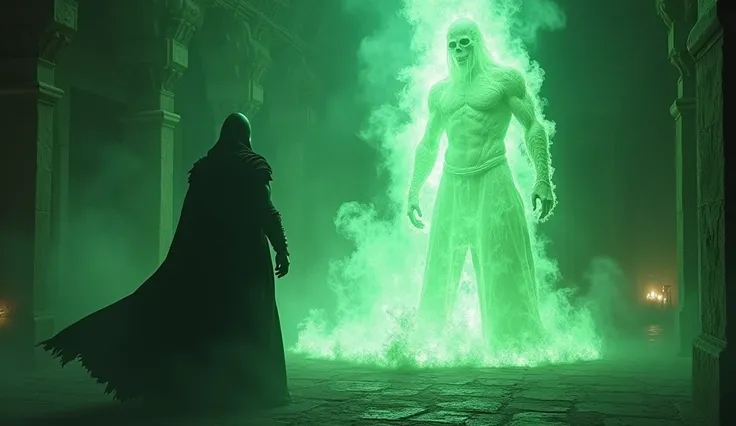 The necromancer conjures a towering wall of spectral fire, its ghostly flames casting an eerie green glow. The fire separates them, creating a visually stunning barrier that flickers and sways. The room fills with a mix of harsh, spectral light and deep sh...