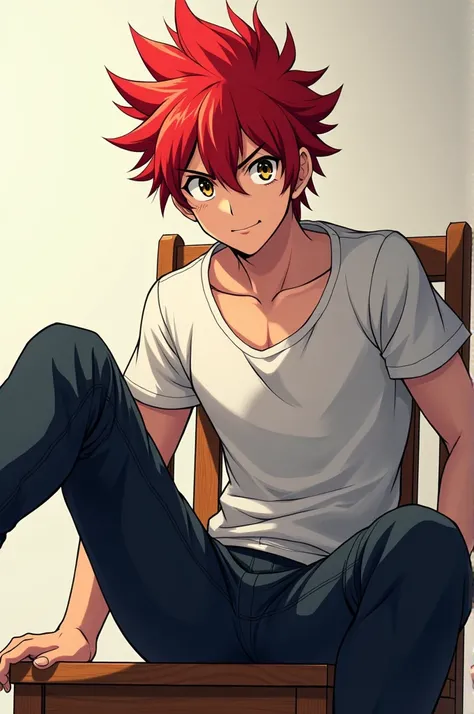  Create a young man with spiked red hair raised upwards , with bright black and yellow eyes ,  he is seated on a wooden chair with one foot supported  , anime.