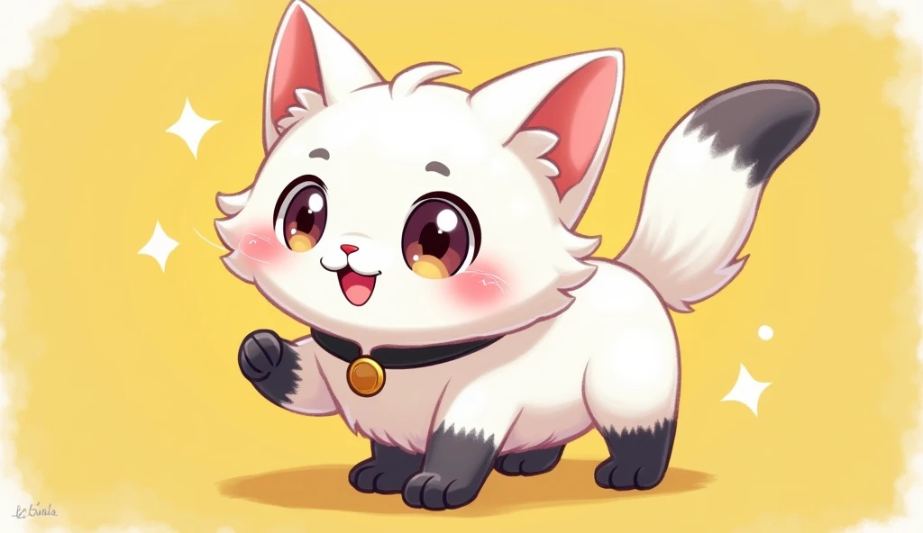 Picture a cute anthropomorphic furry cat with white fur,  that looks playful and friendly .  He has a black collar around his neck and black stockings on his paws .  The cat is standing in a playful pose ,  with his tail up and shiny eyes , full of mischie...