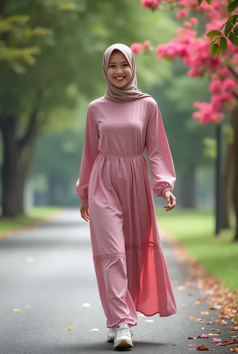 realistic portrait of an Indonesian woman wearing a pink hijab dress with a light brown hijab, the skirt is slightly flared with small lace lace, Nike shoes, walking on the asphalt road in a park at the edge of which there are blooming bogenville flower tr...