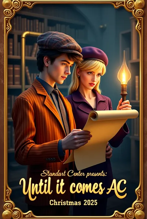  Create a vertical poster of a steampunk theater play , with golden edges.  in the center,  in the foreground a young man in a striped orange suit In a plaid beret holding an open scroll reading it . Right behind,   dividing the center , In the foreground,...