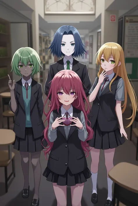 5 types ,  that one is dark and with green hair,  another white with blue hair ,  another gray with red hair ,  another white with violet hair ,  and another gray with yellow hair .  And that everyone is in a school  