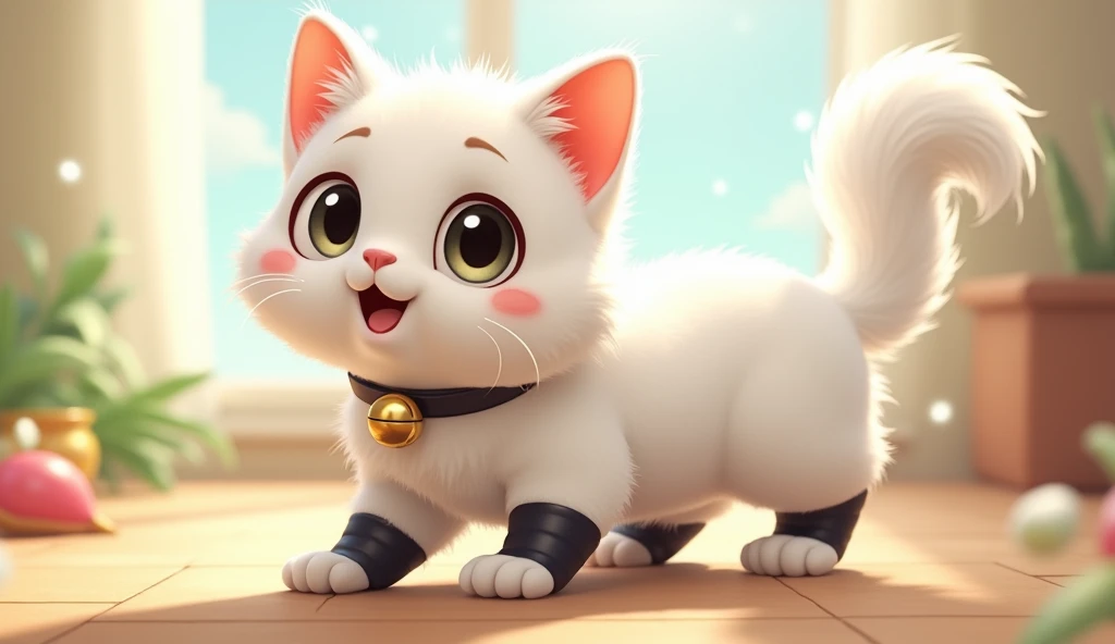  Create an image of an anthropomorphic  (furry)  cat with white hair ,  that looks cute and playful .  The cat has big expressive eyes ,  mischievous , and soft , fluffy ears,  that lean slightly forward ,  as if hes interested in something .  He has a bla...