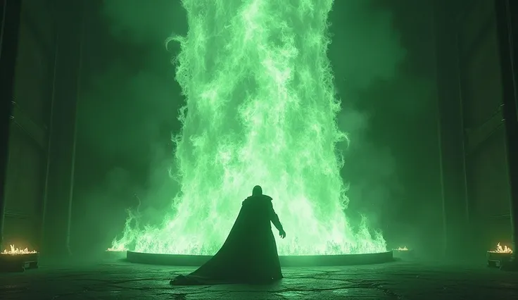 The necromancer conjures a towering wall of spectral fire, its ghostly flames casting an eerie green glow. The fire separates them, creating a visually stunning barrier that flickers and sways. The room fills with a mix of harsh, spectral light and deep sh...