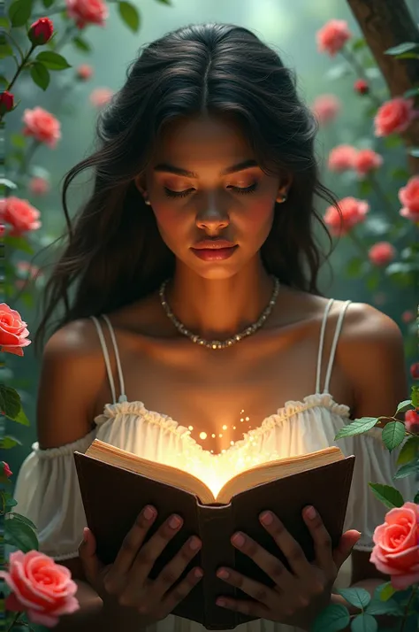 A beautiful brown girl is looking at a book with magic roses 