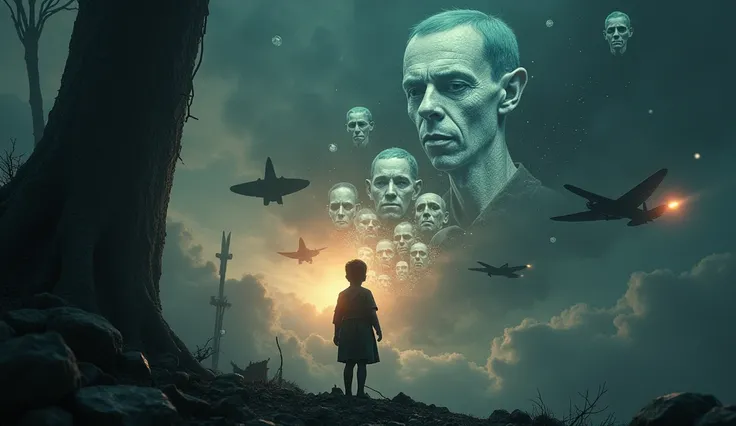 Create a surreal, highly detailed fantasy art scene in 4K resolution, depicting a young boy, around , describing intricate details of World War II. The scene should have a dark atmosphere, with the boy surrounded by floating images of planes, pilots, and w...