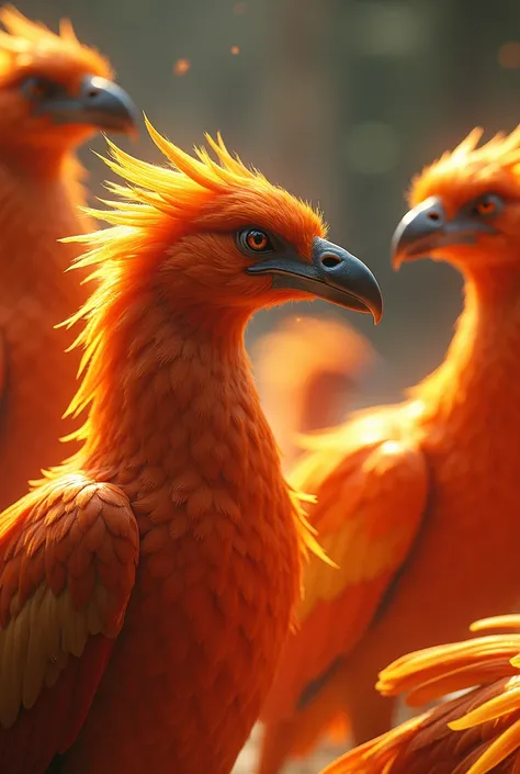 A meeting of several anthropomorphic phoenixes via teleconference,  IN CINEMATIC STYLE