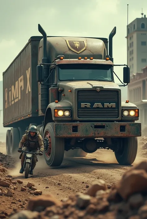  Dogde ram with the logo  (lmx )  in an apocalyptic world 