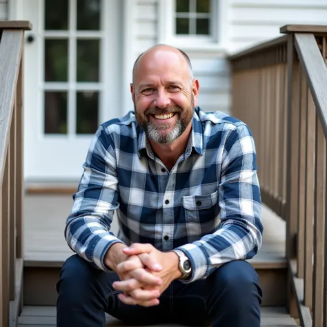  The image shows a smiling man sitting on a wooden staircase ,  outdoor,  with a white house in the background . he has a beard,  is bald and wears a plaid flannel shirt in shades of blue and white, combined with dark pants .  Your hands are crossed and re...