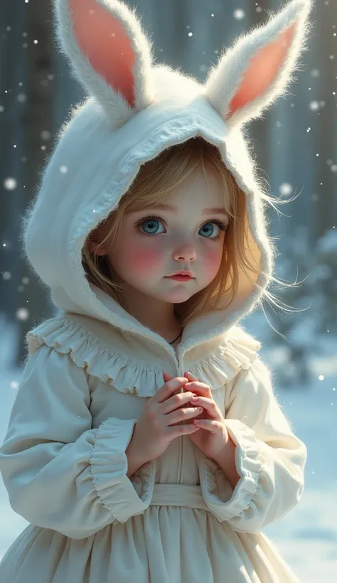 fantasy oil painting, realistic cute girl painting, little white riding hood that have a little rabbit ears on top, beautiful gorgeous digital art, have  a  blowing snow in the air, realistic fantasy painting, fairytale painting, beautiful fantasy painting...