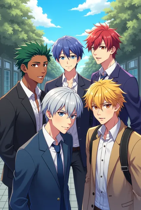 5 teenage men,  that one is dark and with green hair,  another white with blue hair , Another gray but lighter with red hair ,  another white with violet hair , And another trigueño with yellow hair. And that everyone is in a school that looks like anime c...