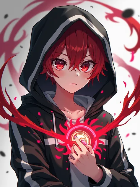  teen, anime guy , Chanting black and white hoodie with a clothespin., cool face color, red eyes , Little red brown hair , second hand inside a hoodie bag ,Sound wave power 