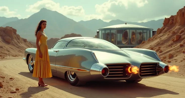 1950s futureesque car with a glass hood inspired by the 1970s Batman car, large chrome and gold exhausts, large rear fins, a turbo engine in the back of the car releasing fire and smoke, next to the car is a beautiful woman dressed as the fashion indicated...