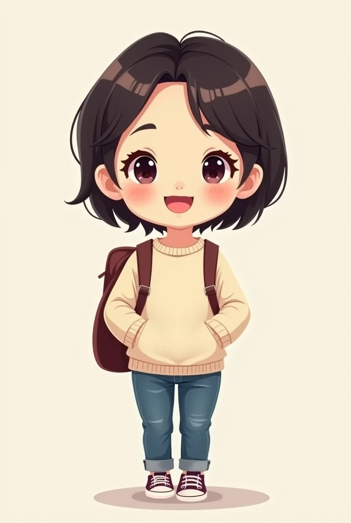  drawing full body  ,chibi style,  Asian woman with short hair ,  wearing cream sweater, jeans,  backpack , Smiling, Not wearing glasses 