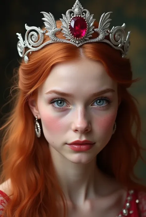 Megan , 24 years old ,  straight and long red hair  ,  Blue Eyes  ,  slightly thinned face  ,  slightly bulky and red lips  ,  slightly pink cheeks , A princess tiara made of shiny silver, with fine spirals that look like scallops all over the crown with a...