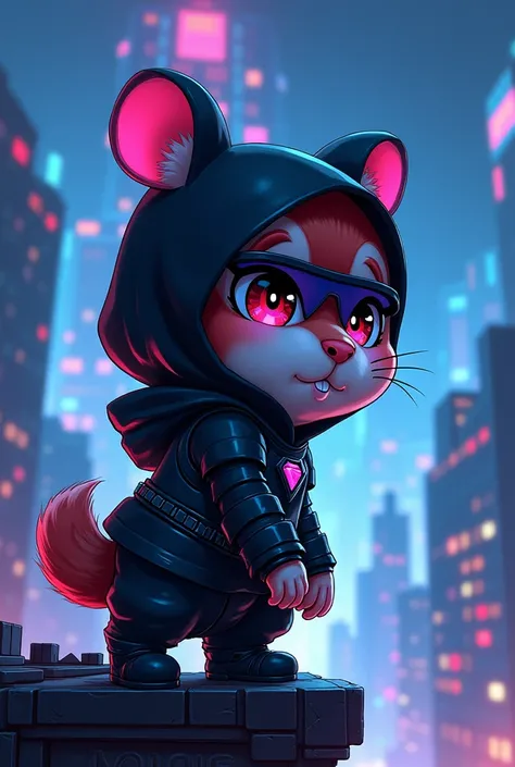  appearance created by the Japanese company Sanrio in 2005, A little bit of a rebellious hamster ,  which is part of the Mai Melody universe ., (Secure Core Style), ( black armor ), (black hood), ( The background is a world of illusions and geometric patte...