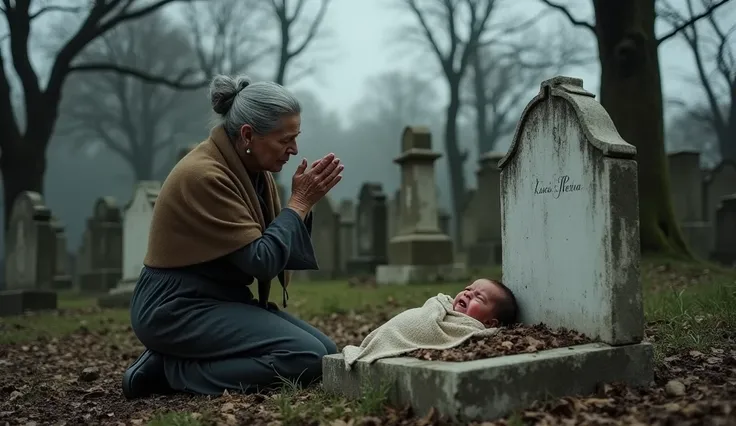 An ancient and shady cemetery ,  with headstones of different sizes ,  some crooked and moss-covered .  Tall trees without leaves surround the room ,  and the ground is littered with dry leaves and fallen branches.  The sky is covered by thick gray clouds ...