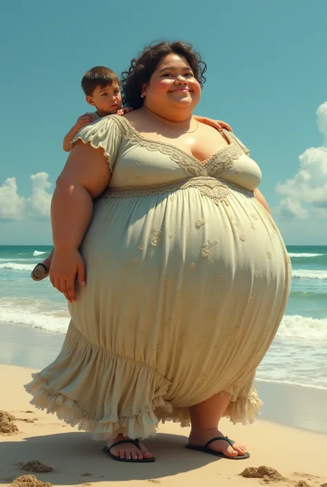 A round lady with a beautiful dress she is wearing a 15-year-old boy on her back on a beach 

