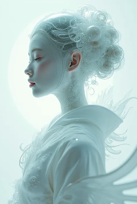 A geisha in Sorayama style with a thick layer of clear glass head and face, flowing fractal beneath the surface, elegant kimono pose made of glass, white angelic scene, futuristic, 