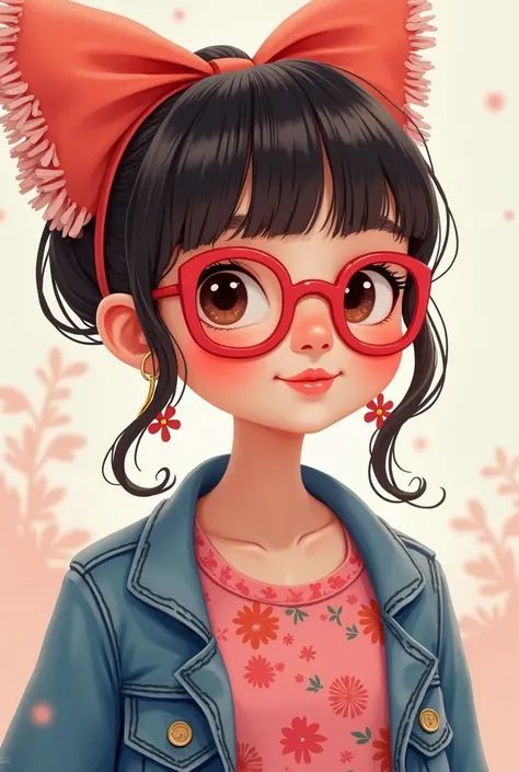 animated young girl , with fringe bow , light skin, coral lips ,  on her face with red lenses ,  in her ears hanging flower rings ,  with pink floral blouse and denim jacket