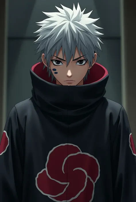 a breathtaking portrait of Kazekage Gaara, the legendary ninja from the Naruto universe, wearing Akatsukis iconic black robe, 1 man, detailed facial features, black eyes, chiseled jawline, intense gaze, grey hair, Akatsuki black robe with red cloud pattern...