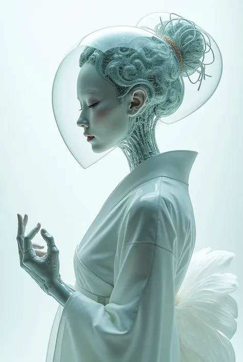 A robot geisha in Sorayama style with a thick layer of clear glass head and face, flowing fractal beneath the surface, elegant kimono pose made of glass, white angelic scene, futuristic, 