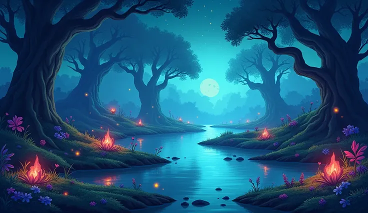 enchanted swamp scenery for game background with cartoon style, night tone colors, 16:9 screen size