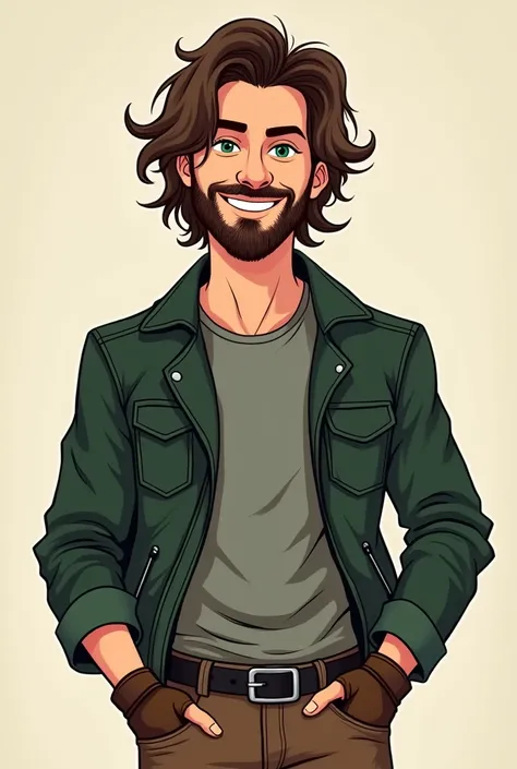  A cartoon drawing of a man with medium-size curly wavy brown hair with a short brown beard,  green eyes,  an open dark green leather jacket with long sleeves ,  a t-shirt inside the dark gray jacket , brown leather biker gloves ,  brown leather pants with...