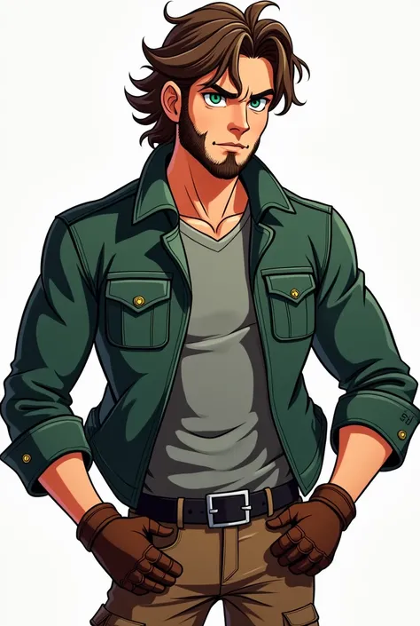 A Cartoon cartoon of a BadBoy man with medium size curly wavy brown hair with a short brown beard,  green eyes,  an open dark green leather jacket with long sleeves ,  a t-shirt inside the dark gray jacket , brown leather biker gloves ,  brown leather pant...