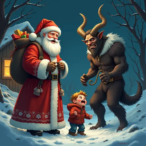 To create an emotional and attractive image for the story "The Shadow of Winter: Tales of Krampus, the Scourge of the Wicked" FOR S , considers the following: draws Saint Nicholas (Claus) on one side with a warm smile, carrying a bag of gifts,  while next ...